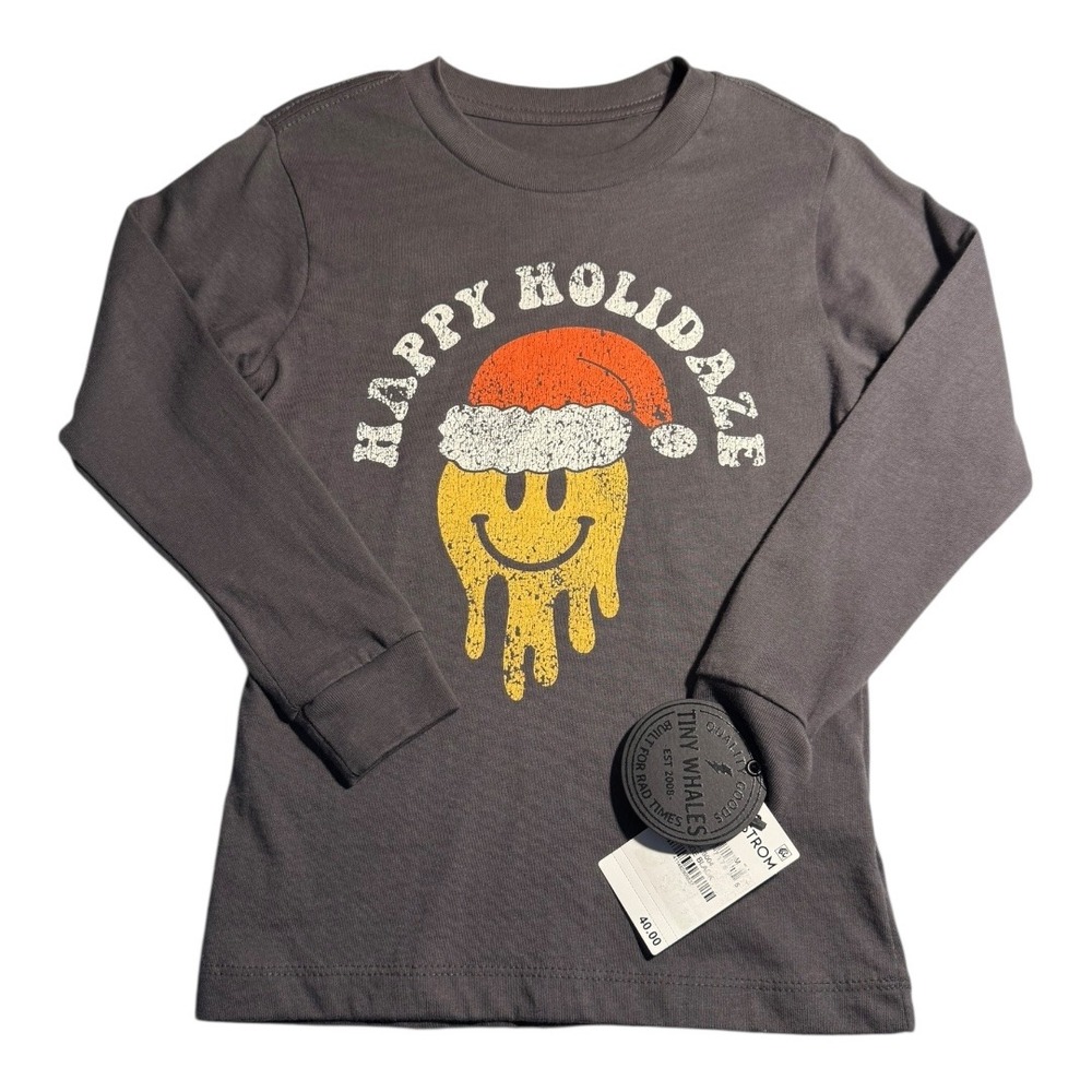 Tiny Whales Kids Long Sleeve Shirt Happy Holiday Drip Smiley Santa Hat Size 3